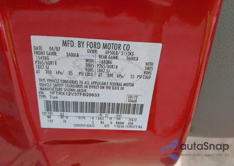 2007 Ford F-150 Lariat/Xlt z USA, uszkodzony, nr VIN 1FTRX12V37FB25633